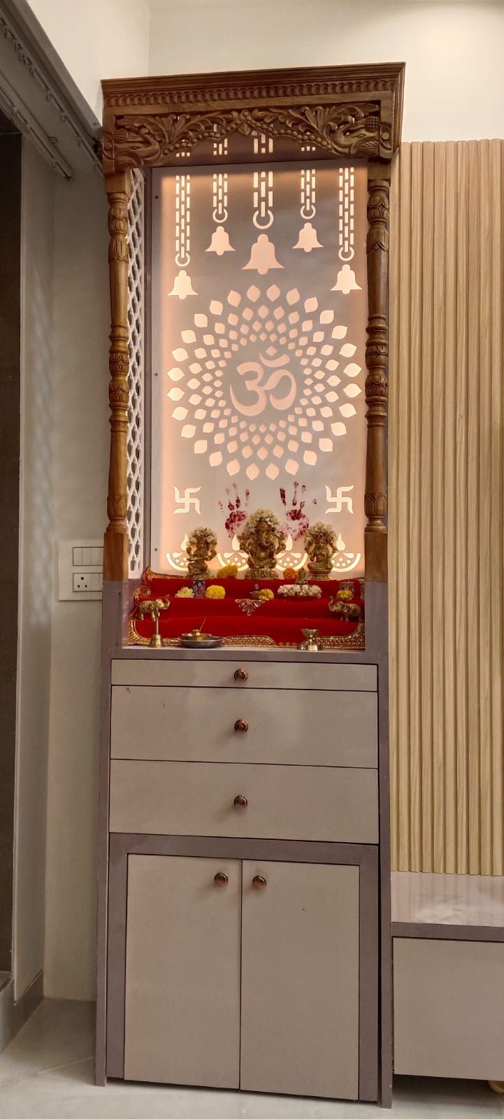 Handcrafted Teakwood & Backlit CNC Om Pooja Mandir