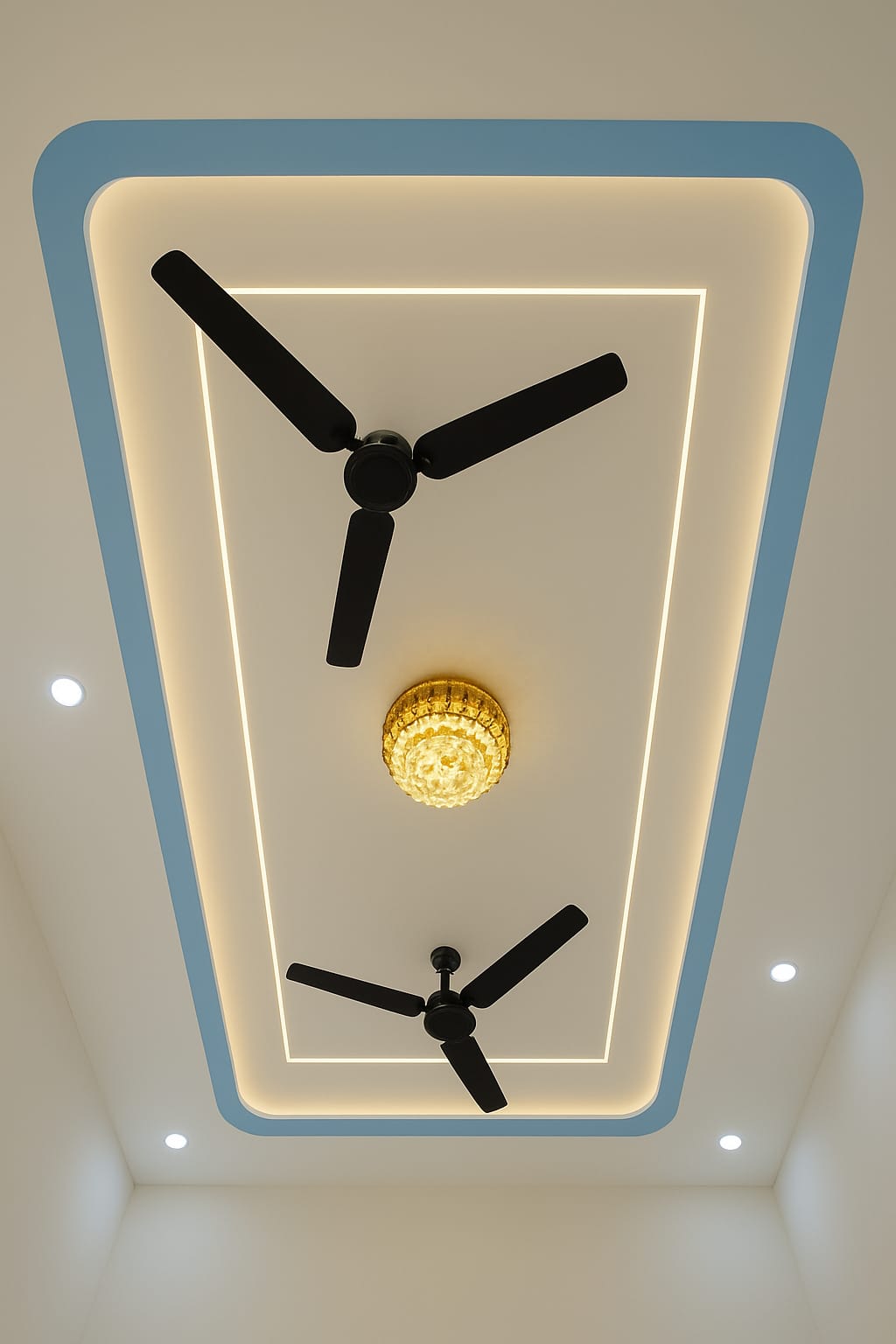 Recessed Gypsum Tray Ceiling with Chandelier & Dual Fans