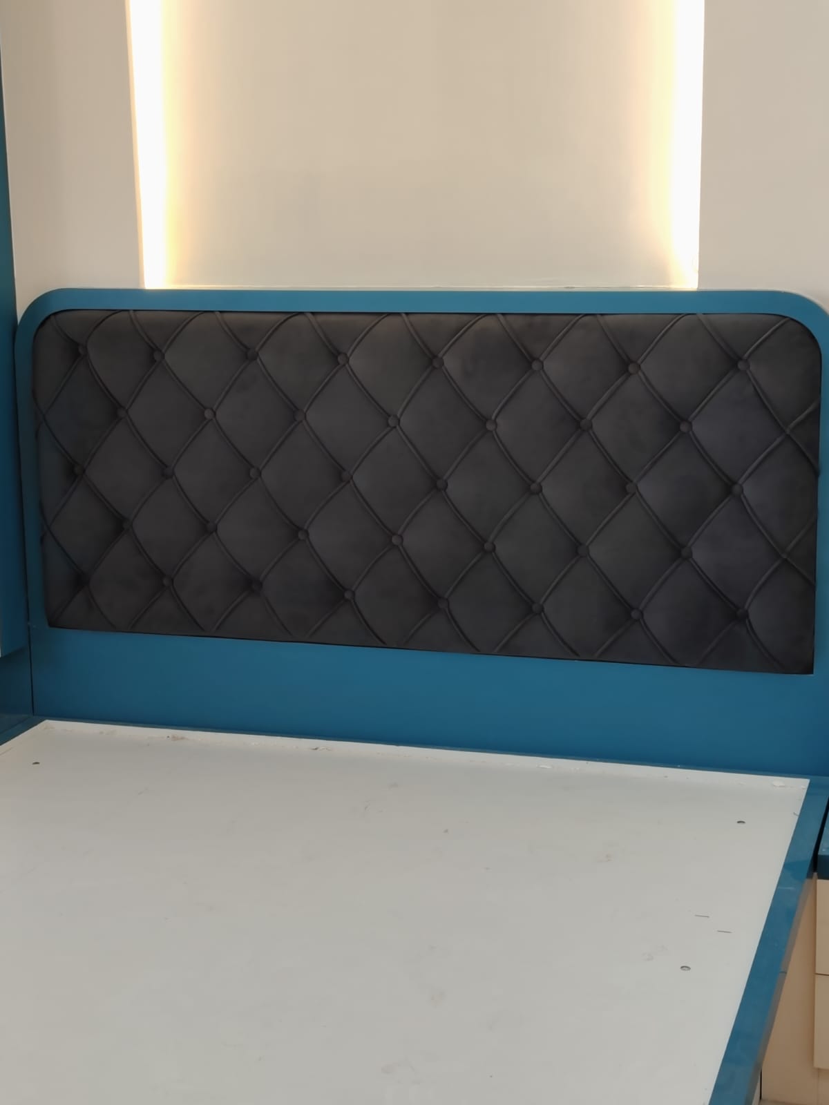 Bespoke Teal Bed Frame with Diamond Tufted Black Velvet Headboard