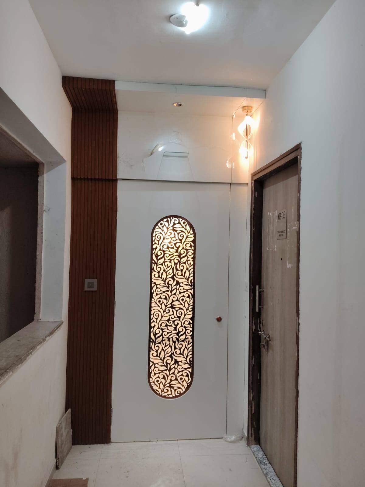 Apartment Entrance Safety Door with Backlit CNC Floral Jaali