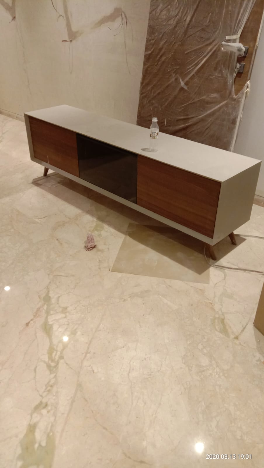 Italian Marble Living Room with Custom Walnut Low TV Console