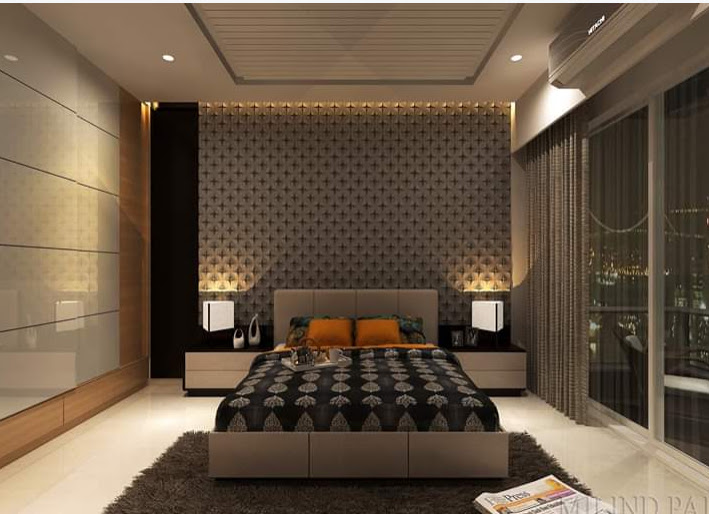 Luxury High-Rise Master Bedroom with Geometric Acoustic Wall