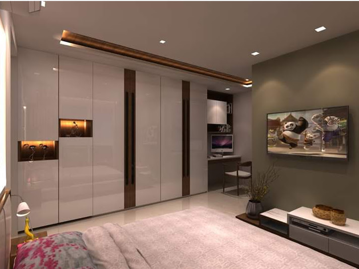 Modern High-Gloss Acrylic Wardrobe with Integrated Study & Display
