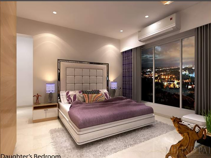 Daughter's Bedroom with Tufted Square Headboard & City Skyline View