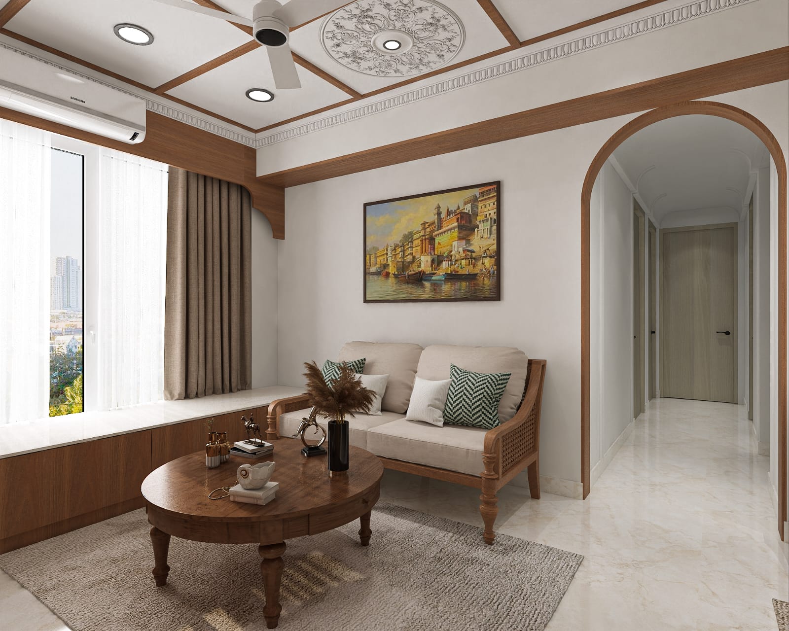 Contemporary Living Room with Coffered Wood Ceiling & Archway