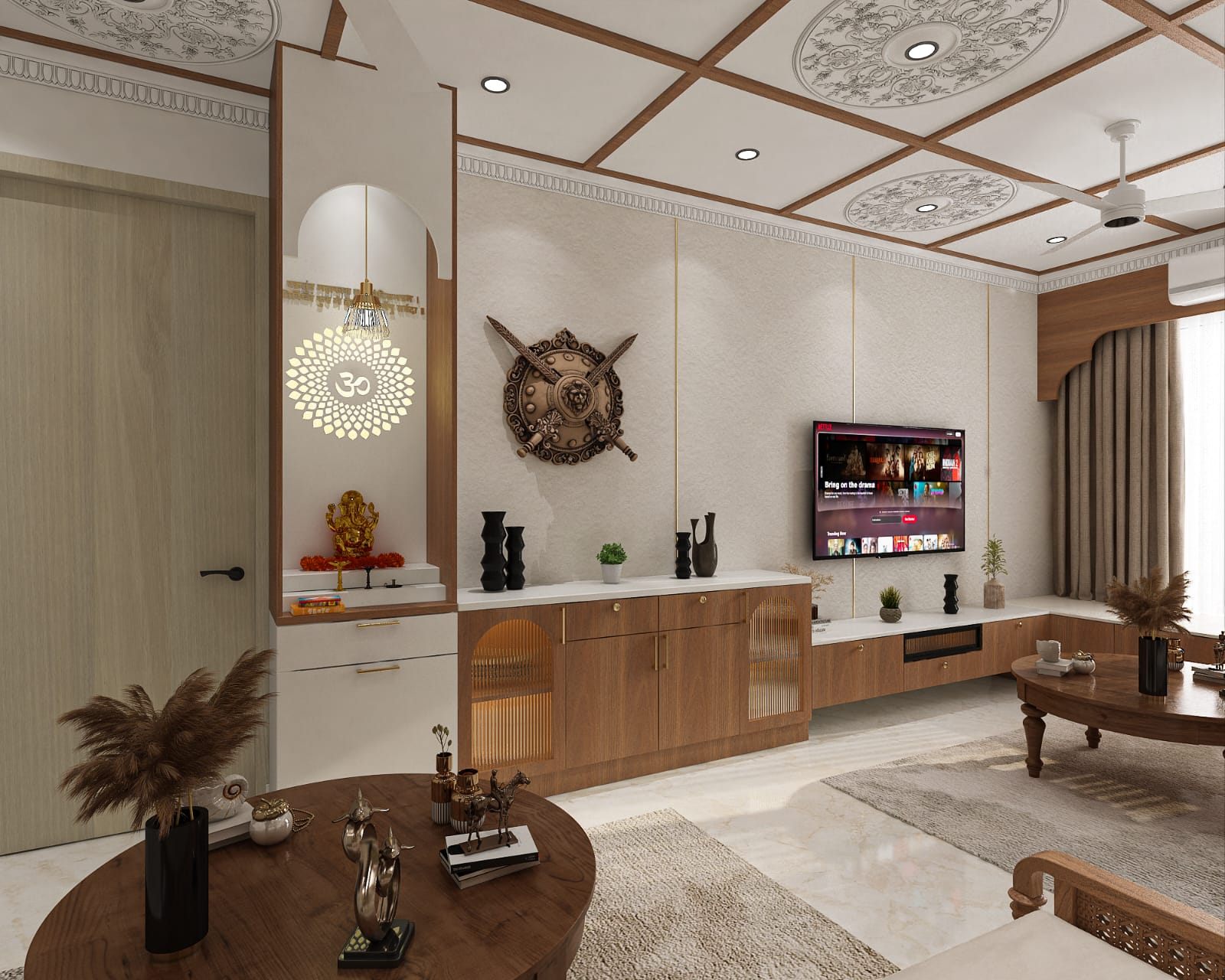 Modern Master Suite with Geometric Wallpaper & Pendant Lights