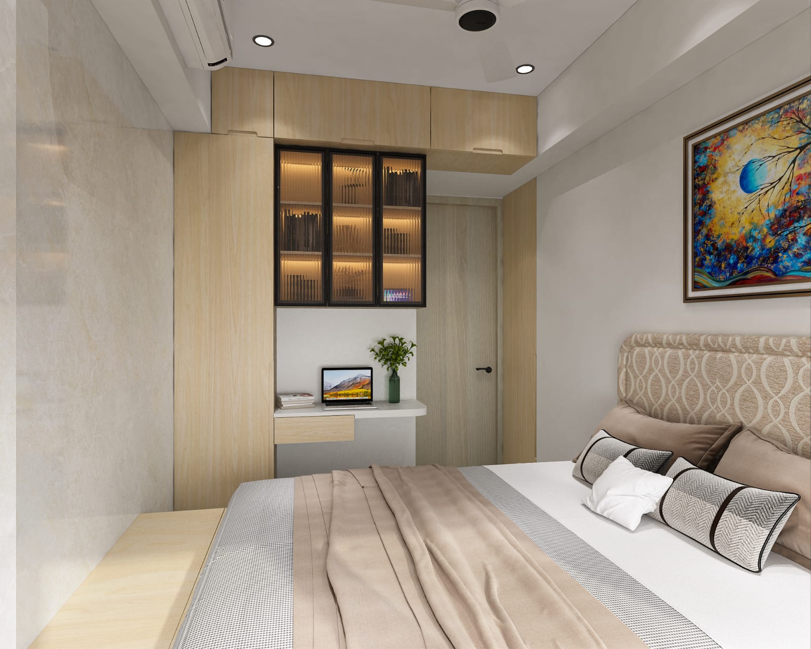 Scandinavian Oak Bedroom with Workstation & Fluted Glass Storage