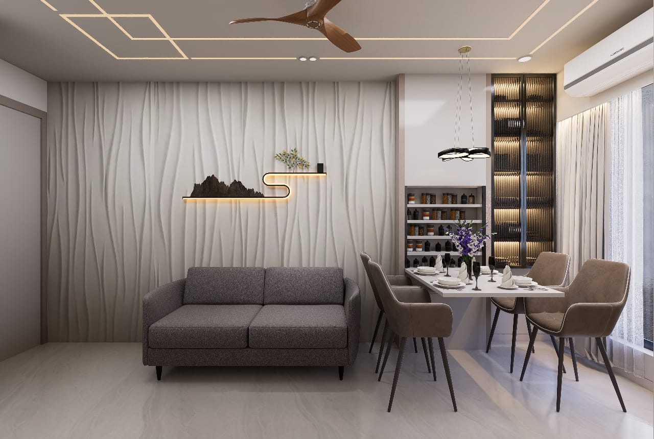 3D Wave Textured Accent Wall with Integrated Dining Nook & Bar