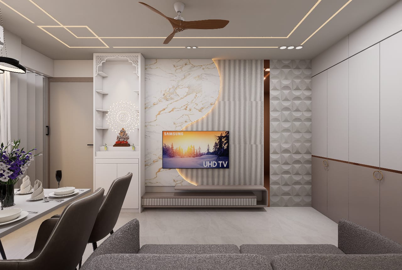 Living Room False Ceiling with Circular Inset Cove & Pendant Light