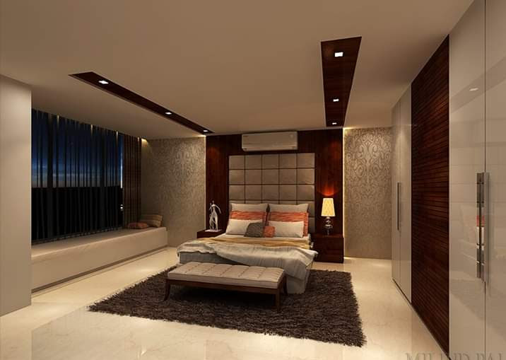 Luxury Penthouse Master Suite with Grid Tufted Headboard & Wood Ceilings