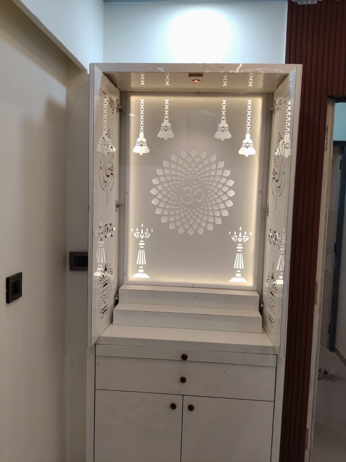 Illuminated Om & Brass Bells Sacred Pooja Mandir Shrine